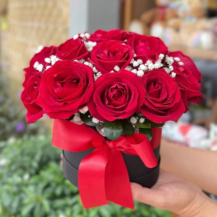 Box com 20 rosas vermelhas nacional e gipsophilas
