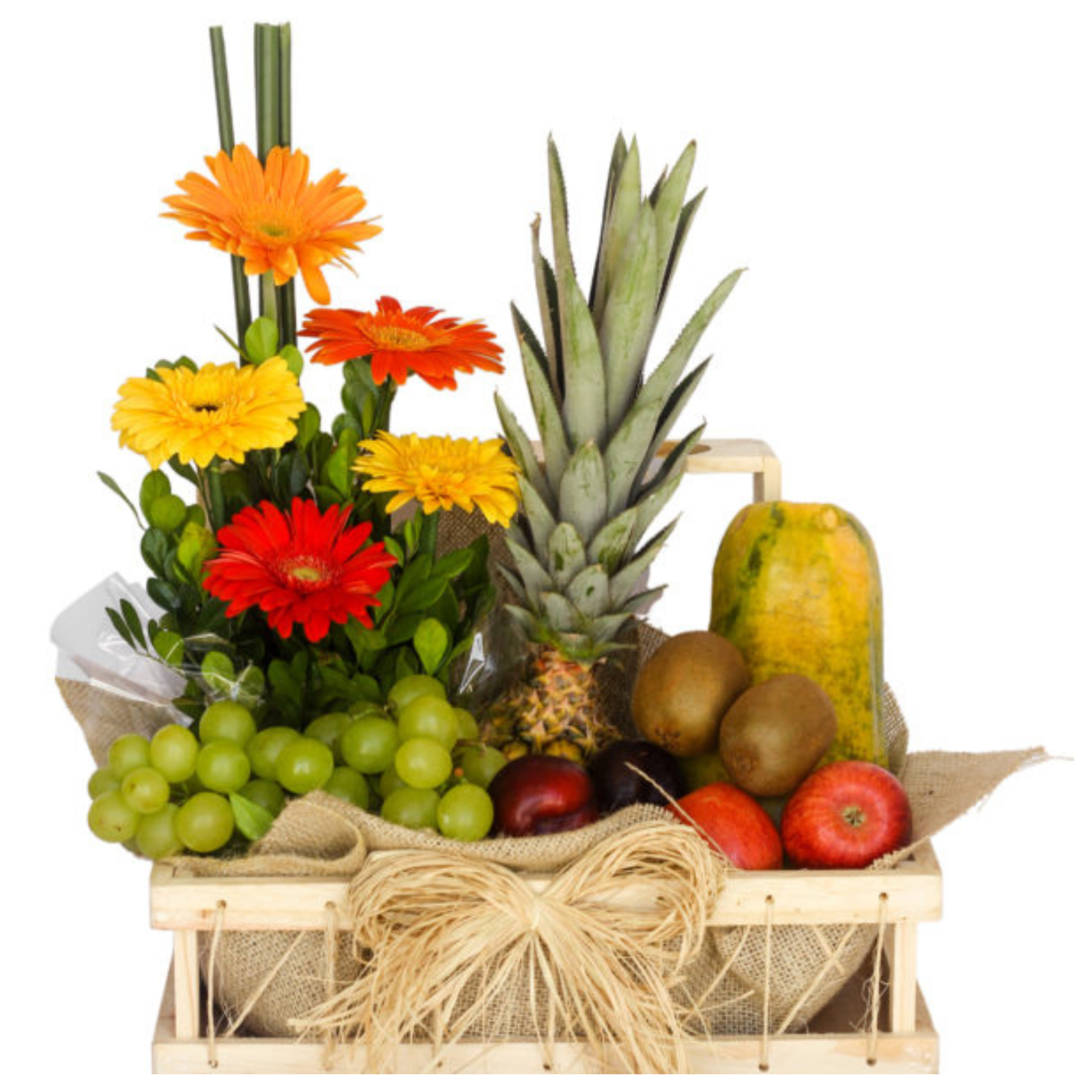 Cesta tropicalíssima com flores e frutas
