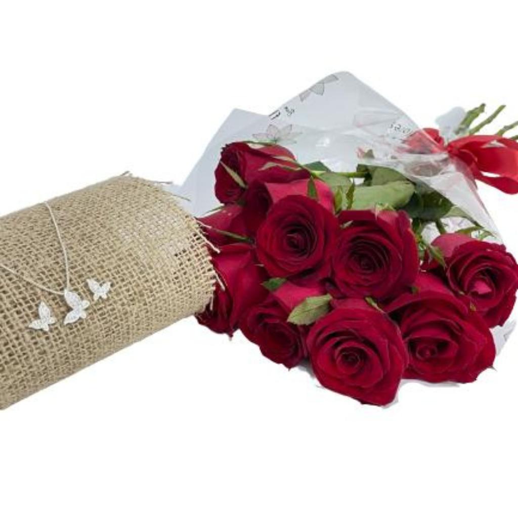 Ramalhete com rosas mais Conjunto Borboleta em Prata 925